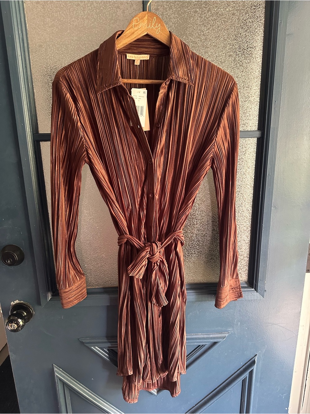 Long-Sleeve Pleated Shirt Dress with Self-Tie
